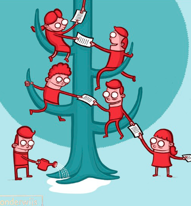 Speelse illustratie van kleine figuren die met blaadjes in een boom klimmen — illustratiewerk van Inzicht Studio